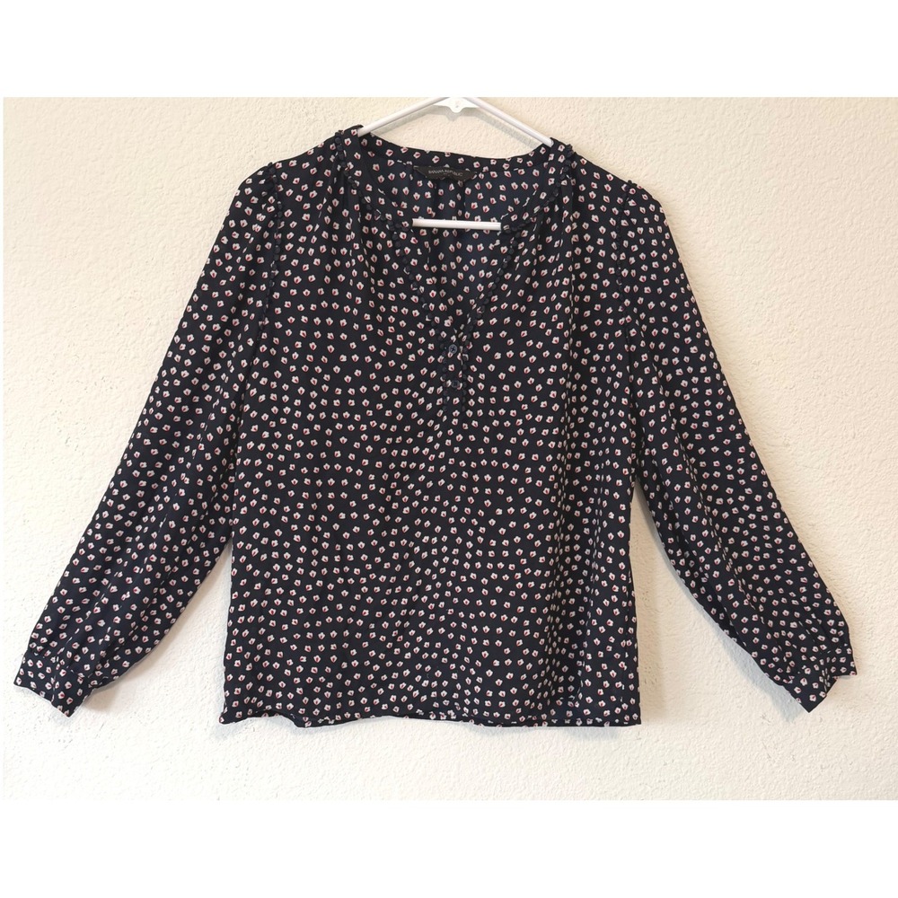 Banana Republic Blouse Size S Navy Floral Long Sleeve Pleated Neck Top
